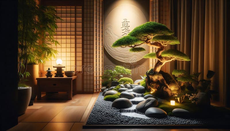 κομψό δωμάτιο zen με οθόνη bonsai. απεικόνιση μέσω κινητού. απεικονίζει ένα κομψό εσωτερικό γιαπωνέζικο δωμάτιο εμπνευσμένο από μπονσάι, με ρυθμίσεις θερμού φωτισμού και ηρεμιστική ατμόσφαιρα με καλλιτεχνικές και αισθητικές λεπτομέρειες. είναι ιδανικό για δημιουργικά έργα όπως παρουσιάσεις γραφικής σχεδίασης ή ψηφιακά μέσα