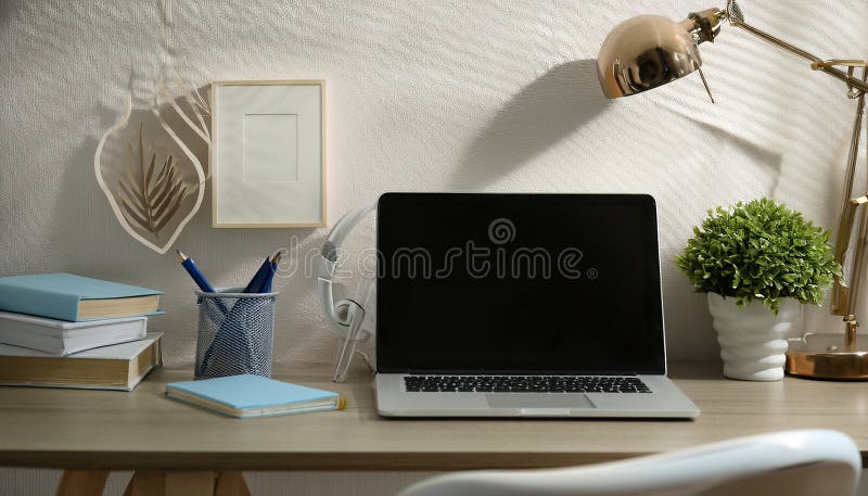 Κομψό εσωτερικό δωμάτιο με μοντέρνο και άνετο χώρο εργασίας ελεύθερη απεικόνιση δικαιώματος