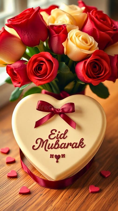 Κομψό κουτί λευκής σοκολάτας Eid Mubarak με τριαντάφυλλο και γιορτινό διάκοσμο. Ένα πολυτελές κουτί με λευκή σοκολάτα σε σχήμα καρδιάς με τον Eid Mubarakinγραμμένο με λεπτό χρυσό γράμμα. Το κουτί περικλείεται από μια συναρπαστική φλογερή διάταξη βαθέων κόκκινων και απαλών λευκών τριαντάφυλλων σε ένα διακοσμητικό βάζο με μια κορδέλα. Ο ζεστός χρυσός φωτισμός ενισχύει τη ρομαντική ατμόσφαιρα, ενώ μικρές διακοσμητικές καρδιές διασκορπίζονται γύρω από το ξύλινο τραπέζι δημιουργώντας μια γοητευτική και εορταστική σκηνή. Δημιουργία τεχνητής νοημοσύνης.