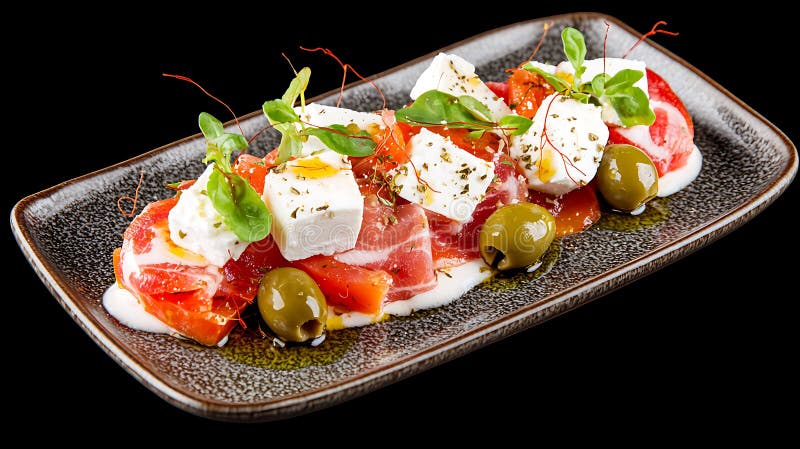Κομψός Μεσογειακός ορεκτικό Prosciutto Feta και σαλάτα ελιάς σε ορθογώνιο πιάτο απεικόνιση αποθεμάτων