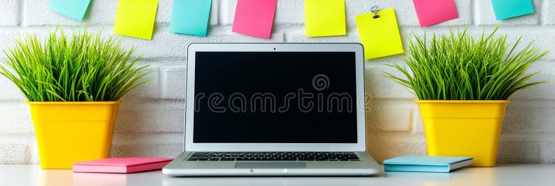 κομψός οικιακός χώρος εργασίας γραφείου με κενές πολύχρωμες σημειώσεις και φυτά φορητού υπολογιστή σε λευκό τούβλο απεικόνιση αποθεμάτων