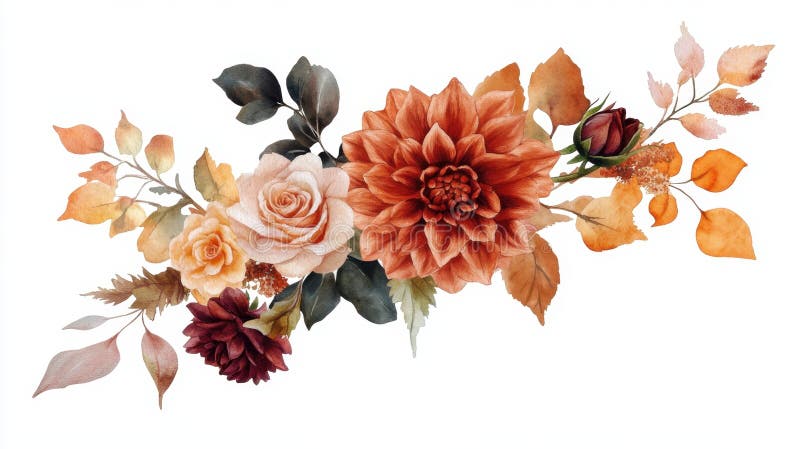 κομψός φθινοπωρινός τρόπος με την dahlia rose και φύλλα σε θερμούς τόνους ελεύθερη απεικόνιση δικαιώματος