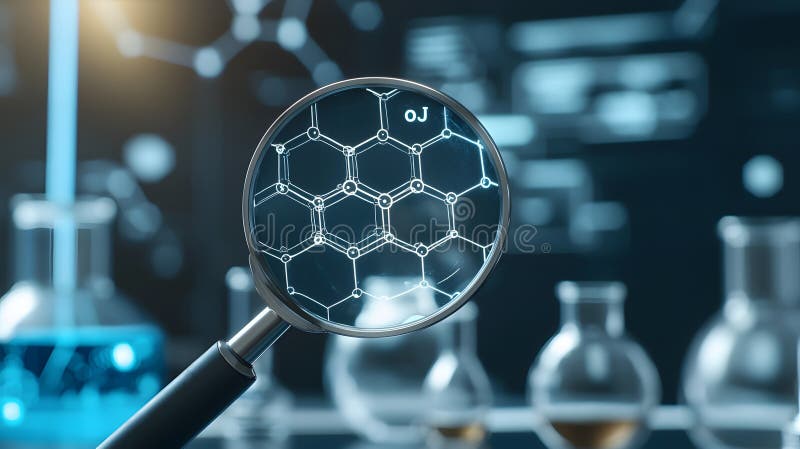 Κοντινή άποψη ενός μεγεθυντικού υαλοπίνακα που εξετάζει χημικές δομές σε εργαστηριακό περιβάλλον με επιστημονικό εξοπλισμό και γυά απεικόνιση αποθεμάτων