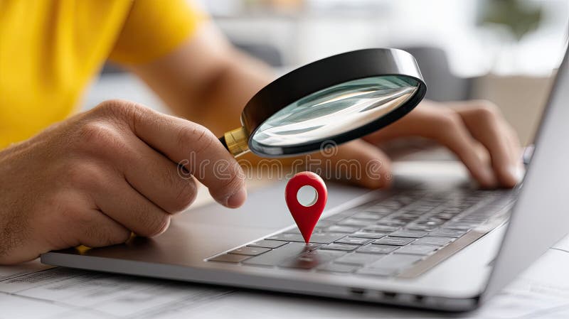 Κοντινή όψη ενός φορητού υπολογιστή που εξετάζει πληροφορίες τοπικού καταστήματος με μεγεθυντικό φακό ενώ χρησιμοποιεί φορητό υπολ διανυσματική απεικόνιση
