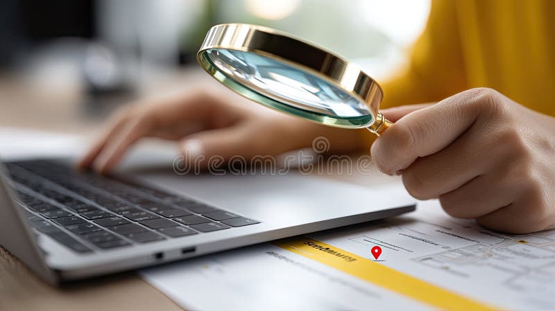 Κοντινή όψη ενός φορητού υπολογιστή που εξετάζει πληροφορίες τοπικού καταστήματος με μεγεθυντικό φακό ενώ χρησιμοποιεί φορητό υπολ ελεύθερη απεικόνιση δικαιώματος