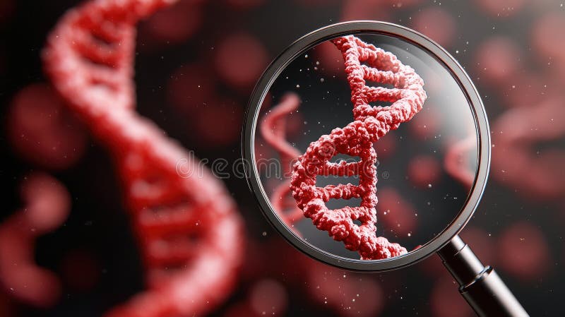 Κοντινή όψη μορίου DNA κάτω από μεγεθυντικό φακό που επισημαίνει τη γενετική έρευνα και τη μοριακή βιολογία διανυσματική απεικόνιση