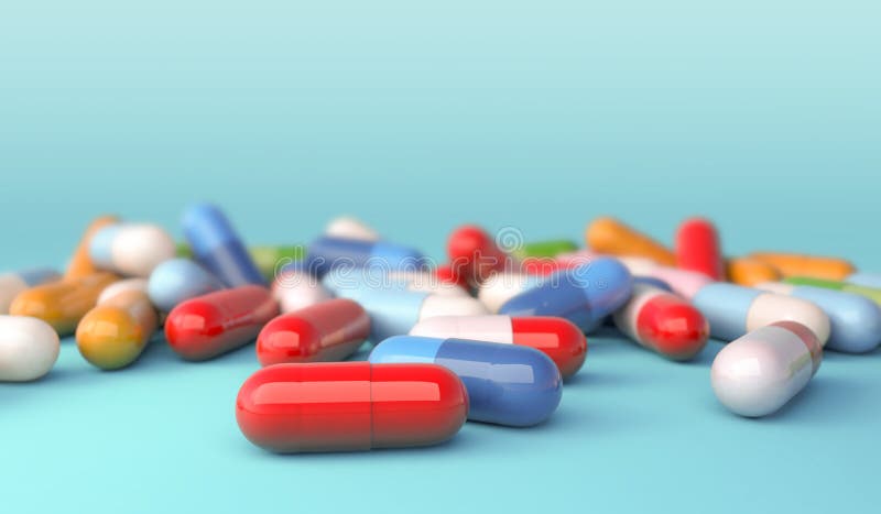 κοντινό πλάνο έγχρωμων καψακίων σε μπλε φόντο απεικόνιση 3d ελεύθερη απεικόνιση δικαιώματος
