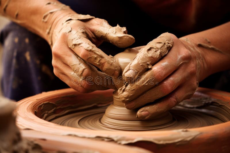 Close up human arms palms unrecognizable male female pottery master hands sculpt vase pot jug experienced workshop artist handcrafting clay ceramics artwork hobby art therapy small business ceramic. High quality photo. Close up human arms palms unrecognizable male female pottery master hands sculpt vase pot jug experienced workshop artist handcrafting clay ceramics artwork hobby art therapy small business ceramic. High quality photo