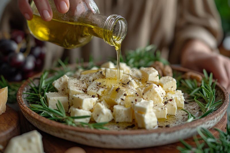 κοντινό πλάνο γυναίκας που ρίχνει ελαιόλαδο πάνω από το τυρί προβάτου απεικόνιση αποθεμάτων