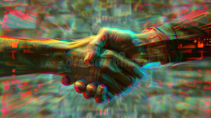 A close up of two people shaking hands in a colorful background AI generated. A close up of two people shaking hands in a colorful background AI generated