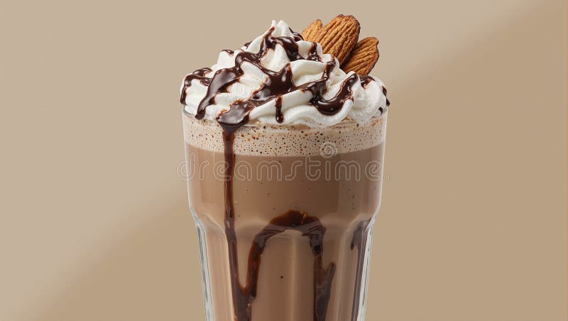 Κοντινό πλάνο ενός πολυτελούς Silky Mocha Almond Latte, με σταχυροδεσία σοκολάτας και ψητά φέτες αμυγδάλου Ένα δελεαστικό κέρασμα απεικόνιση αποθεμάτων