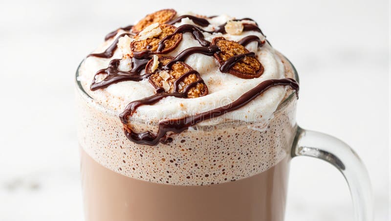 Κοντινό πλάνο ενός πολυτελούς Silky Mocha Almond Latte, με σταχυροδεσία σοκολάτας και ψητά φέτες αμυγδάλου Ένα δελεαστικό κέρασμα διανυσματική απεικόνιση