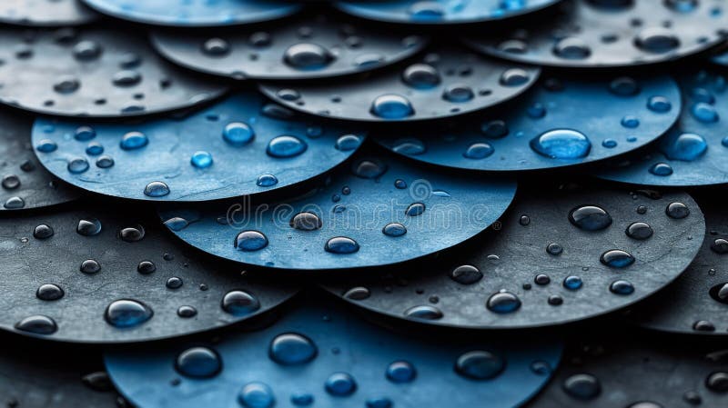 A close up of a pile of blue and black discs with water droplets on them AI generated. A close up of a pile of blue and black discs with water droplets on them AI generated