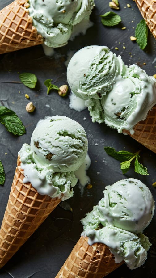 Close Up of Delicious Green Ice Cream in Cones. AI generated. Close Up of Delicious Green Ice Cream in Cones. AI generated