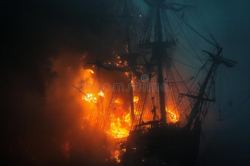 Κοντινό πλάνο πειρατικού πλοίου στη φωτιά σε σκοτεινή ομίχλη ελεύθερη απεικόνιση δικαιώματος