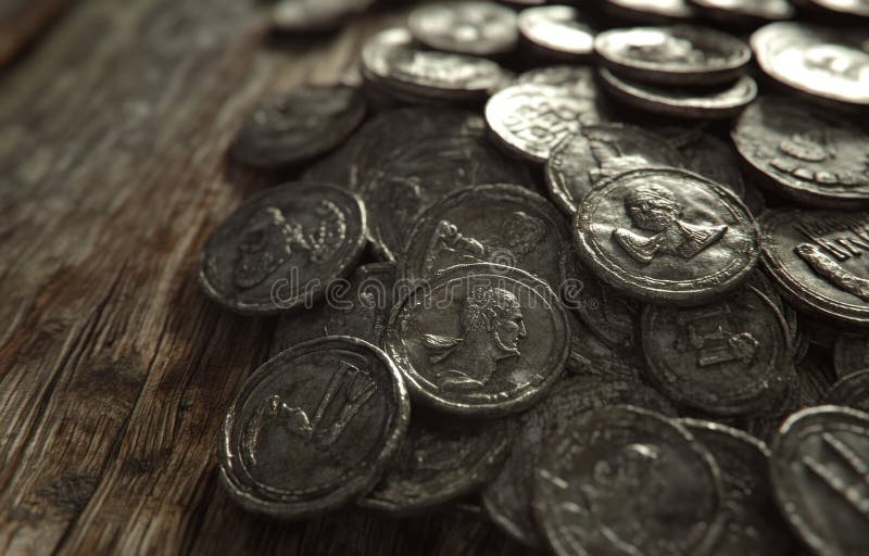 κοντινό πλάνο ρωσικών κερμάτων του 16ου αιώνα, με ένα σωρό ασημένια νομίσματα από τον τσάρο ιβάν τον τρομερό. επάνω προβολή στοκ φωτογραφίες