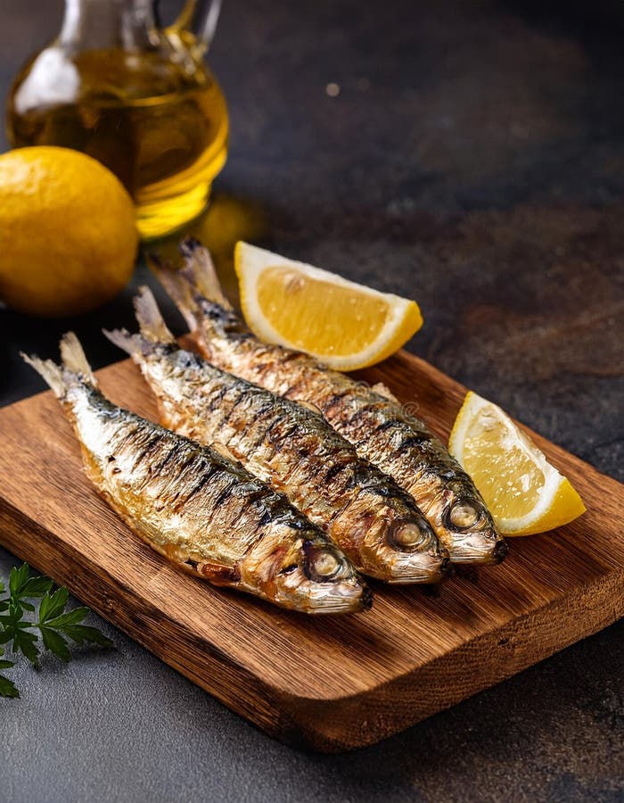 κοντινό πλάνο σαρδέλας με λεμονιά και ελαιόλαδο σε ένα ορθογραφικό συμβούλιο ψητό σαρδέλα μεσογειακό ορεκτικό υγιές ελεύθερη απεικόνιση δικαιώματος