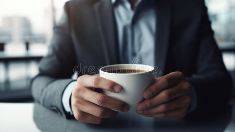 κοντινό χέρι επιχειρηματία που κρατά ένα φλιτζάνι καφέ στο καφέ. γενική ai διανυσματική απεικόνιση