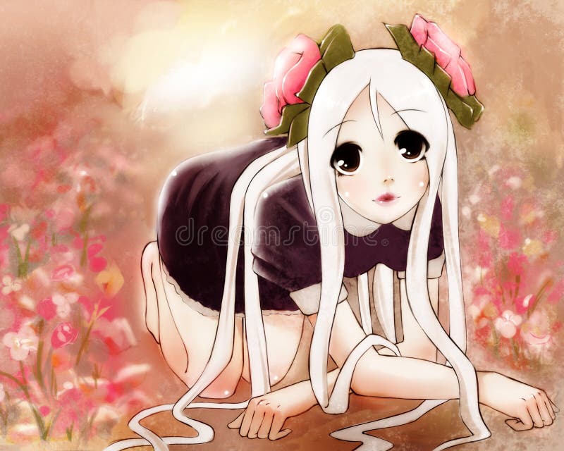An illustration of an anime girl wearing a beautiful dress and flowers in her hair. An illustration of an anime girl wearing a beautiful dress and flowers in her hair.