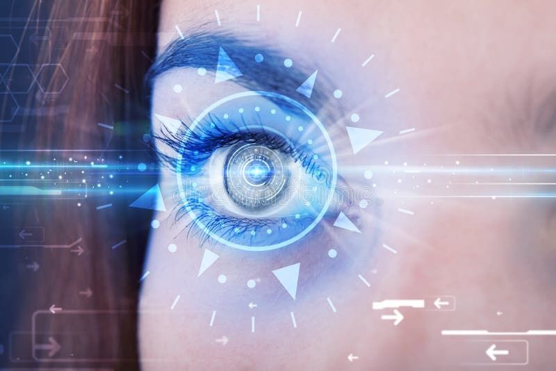 Κορίτσι Cyber με το technolgy μάτι που εξετάζει την μπλε ίριδα διανυσματική απεικόνιση Κορίτσι Cyber με το technolgy μάτι που εξετάζει την μπλε ίριδα διανυσματική απεικόνιση