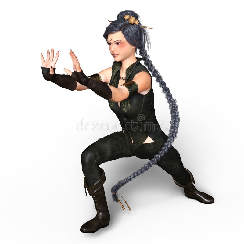 Κορίτσι Kung-kung-fu. τρισδιάστατη απόδοση CG ενός κοριτσιού Kung-kung-fu