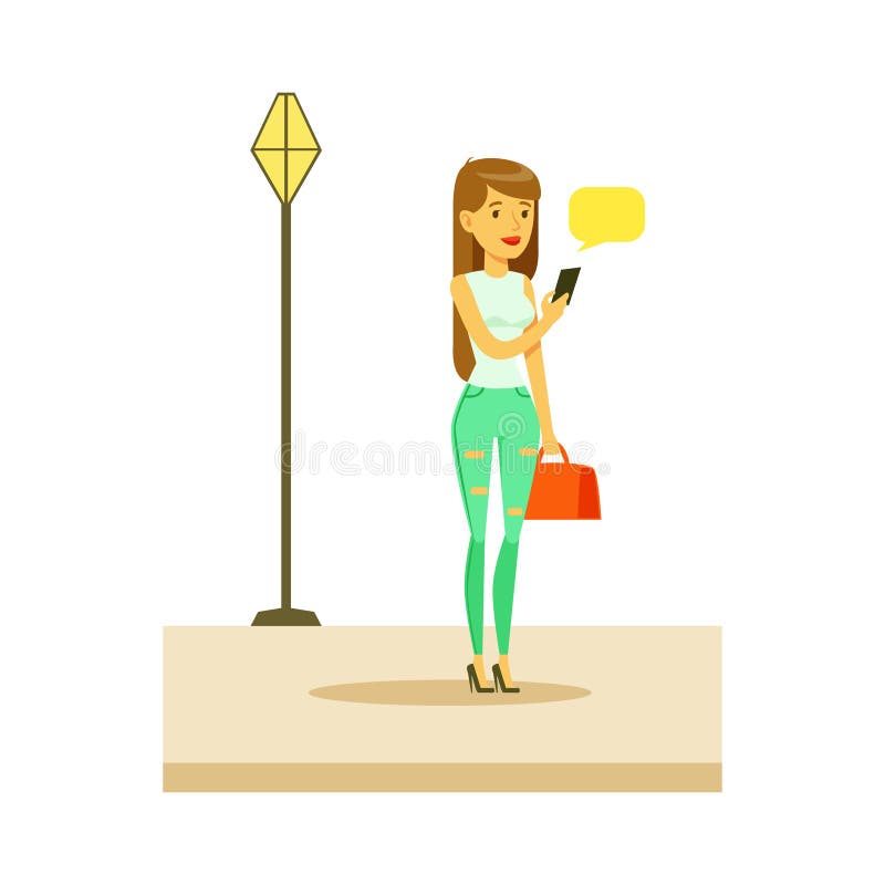 Κορίτσι Texting με Smartphone που περπατά στην οδό, μέρος των ανθρώπων στη σειρά δραστηριοτήτων πάρκων διανυσματική απεικόνιση Κορίτσι Texting με Smartphone που περπατά στην οδό, μέρος των ανθρώπων στη σειρά δραστηριοτήτων πάρκων διανυσματική απεικόνιση