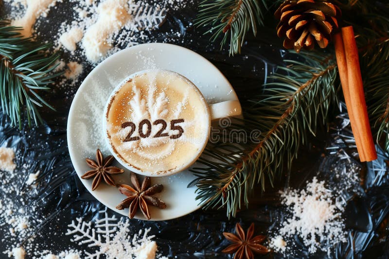 κορυφαία θέα στο κύπελλο cappuccino με γράμματα του 2025 γραμμένα με κανέλα μπαχαρικών διανυσματική απεικόνιση