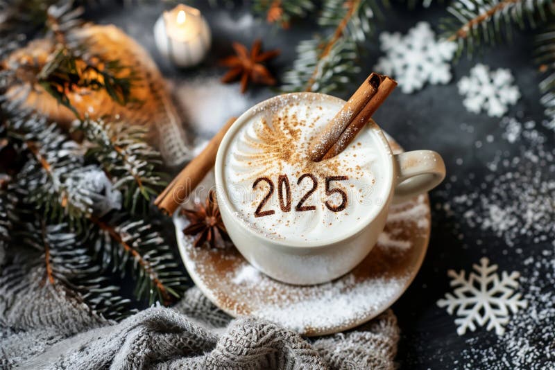 κορυφαία θέα στο κύπελλο cappuccino με γράμματα του 2025 γραμμένα με κανέλα μπαχαρικά στο χειμερινό φόντο απεικόνιση αποθεμάτων