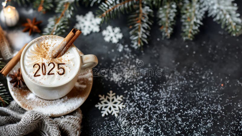 κορυφαία θέα στο κύπελλο cappuccino με γράμματα του 2025 γραμμένα με κανέλα μπαχαρικά διανυσματική απεικόνιση
