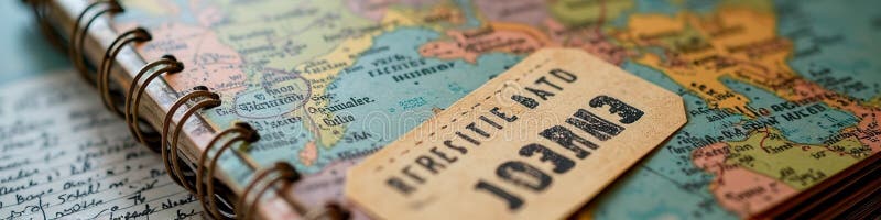 Κορυφαίος σπειροειδής φορητός υπολογιστής με χάρτη και χειρόγραφη σημείωση για το θέμα των ταξιδιών στοκ εικόνες