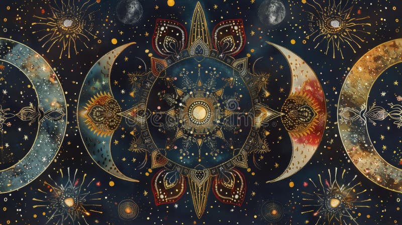 κοσμικά mandala ουράνια φεγγάρια και αστέρια συμφωνία μοτίβων απεικόνιση αποθεμάτων