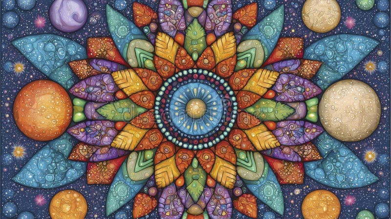 Κοσμικό Mandala Ζωντανό Μοτίβο Floral με πλανήτες και αστέρια ελεύθερη απεικόνιση δικαιώματος