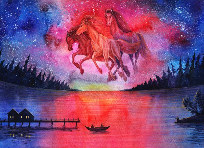 Κοσμικό τοπίο αλόγων φαντασίας Watercolor, όμορφη αφηρημένη διαστημική ζωγραφική με τα αστέρια στον ουρανό και δάσος νύχτας, γαλα απεικόνιση αποθεμάτων