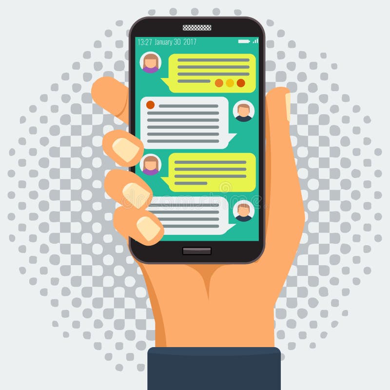 Κουβεντιάζοντας με το chatbot στο έξυπνο τηλέφωνο, σε απευθείας σύνδεση συνομιλία ελεύθερη απεικόνιση δικαιώματος Κουβεντιάζοντας με το chatbot στο έξυπνο τηλέφωνο, σε απευθείας σύνδεση συνομιλία ελεύθερη απεικόνιση δικαιώματος