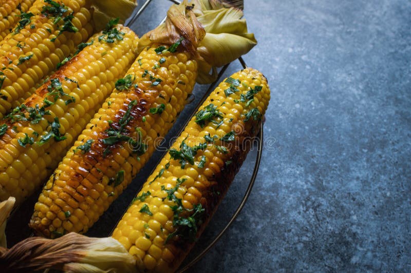 Κουζίνα αμερικανών ιθαγενών, που ψήνεται corncobs με τα πράσινες χορτάρια και τη σάλτσα στο μπλε μαρμάρινο υπόβαθρο, κινηματογράφ στοκ εικόνα Κουζίνα αμερικανών ιθαγενών, που ψήνεται corncobs με τα πράσινες χορτάρια και τη σάλτσα στο μπλε μαρμάρινο υπόβαθρο, κινηματογράφ στοκ εικόνα
