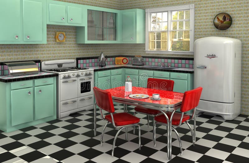 Retro kitchen from the 1950s complete with stove, refrigerator, chrome dinette set, percolator, toaster, bread box and radio. Retro kitchen from the 1950s complete with stove, refrigerator, chrome dinette set, percolator, toaster, bread box and radio