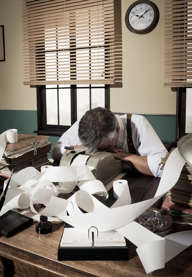 Tired overworked accountant sleeping on his messy desk, 1950s style office. Tired overworked accountant sleeping on his messy desk, 1950s style office.