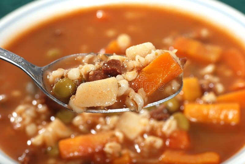Closeup of a Spoonful Beef Barley Soup. Closeup of a Spoonful Beef Barley Soup