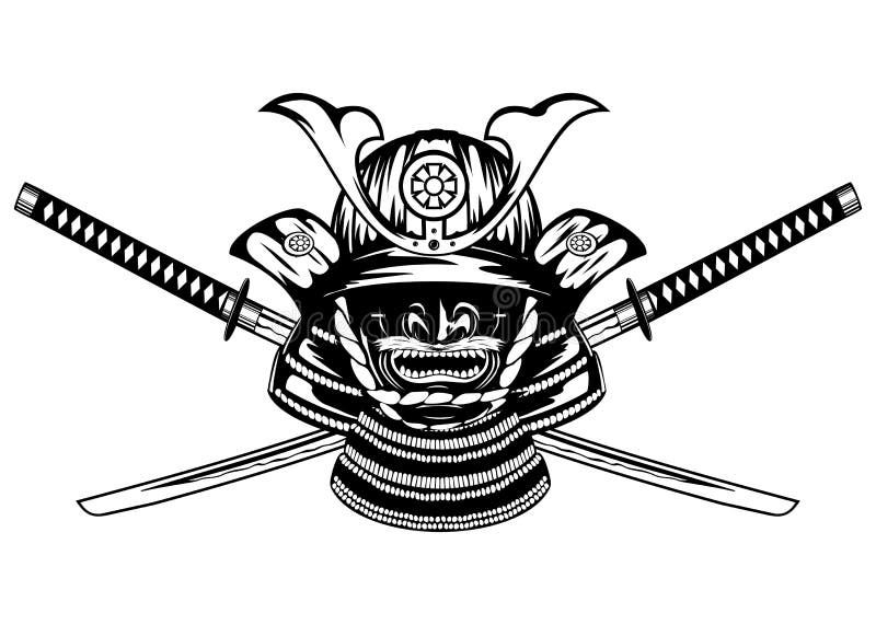 Samurai helmet , menpo with yodare-kake and crossed katanas. Samurai helmet , menpo with yodare-kake and crossed katanas
