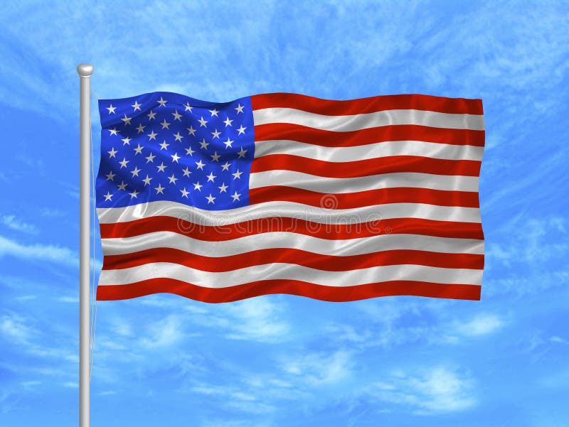 Illustration of waving American Flag on blue sky. Illustration of waving American Flag on blue sky