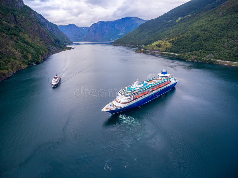 Cruise Ship, Cruise Liners On Sognefjord or Sognefjorden, Aerial photography Flam Norway. Cruise Ship, Cruise Liners On Sognefjord or Sognefjorden, Aerial photography Flam Norway