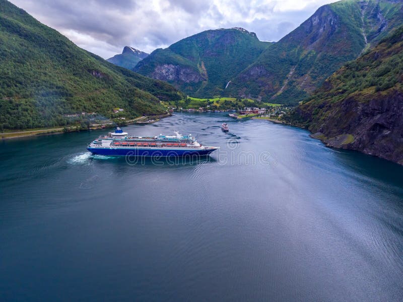 Cruise Ship, Cruise Liners On Sognefjord or Sognefjorden, Aerial photography Flam Norway. Cruise Ship, Cruise Liners On Sognefjord or Sognefjorden, Aerial photography Flam Norway