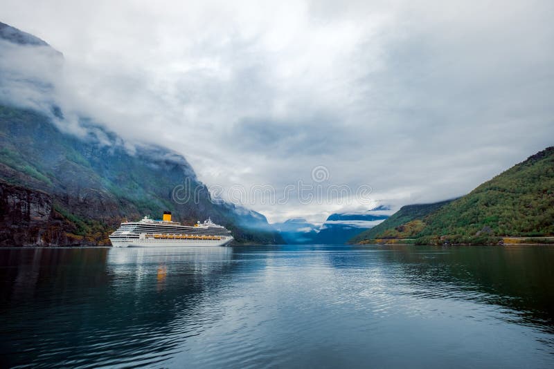 Cruise Ship, Cruise Liners On Sognefjord Sognefjorden, Flam Norway. Cruise Ship, Cruise Liners On Sognefjord Sognefjorden, Flam Norway