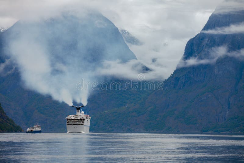 Cruise Ship, Cruise Liners On Sognefjord Sognefjorden, Flam Norway. Cruise Ship, Cruise Liners On Sognefjord Sognefjorden, Flam Norway