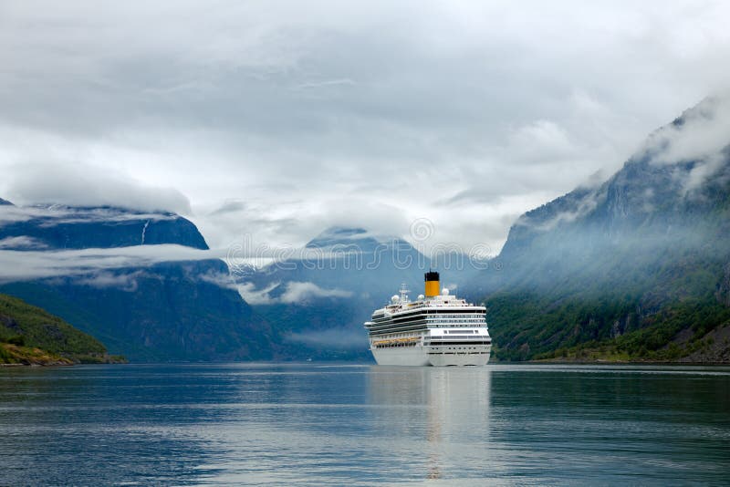 Cruise Ship, Cruise Liners On Sognefjord Sognefjorden, Flam Norway. Cruise Ship, Cruise Liners On Sognefjord Sognefjorden, Flam Norway