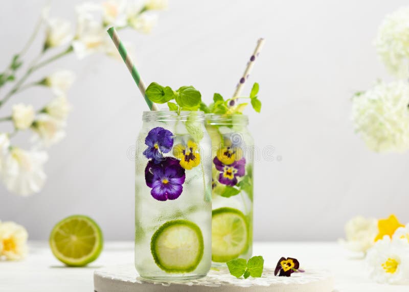 Cold Infused detox water with edible flowers,lime and mint leaves. Refreshing summer drink. Cold Infused detox water with edible flowers,lime and mint leaves. Refreshing summer drink.