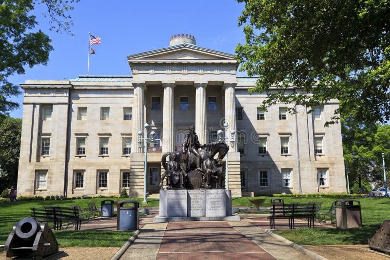 North Carolina State Capitol Building in Raleigh, National Historic Landmark built 1833 North Carolina Presidents Statue. North Carolina State Capitol Building in Raleigh, National Historic Landmark built 1833 North Carolina Presidents Statue