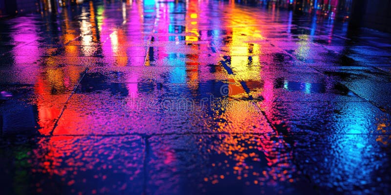 Κυβερνο-πανκ Neon Συλλογισμοί για το Υγρό Πεζοδρόμιο Μελλοντοστραφές Αστικό Σχέδιο Σκηνής Φόντου διανυσματική απεικόνιση