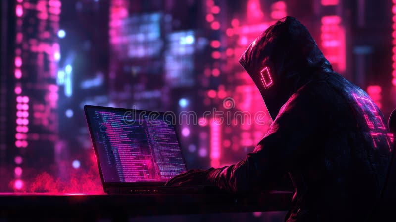 Κυβερνο-πανκ χάκερ στο Neon City ελεύθερη απεικόνιση δικαιώματος