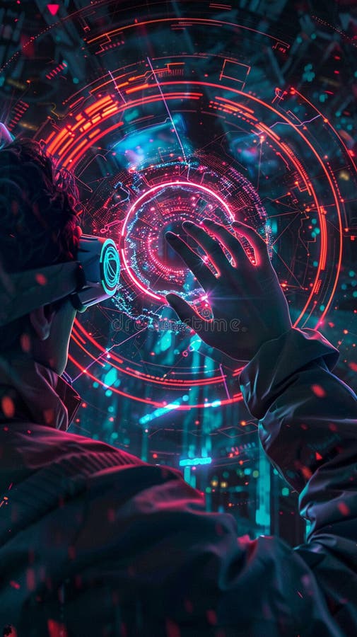 κυβερνοπανκ χάκερ που δημιουργεί ένα kaleidoscope vortex σε κυκλώματα λάμψης εικονικής πραγματικότητας ελεύθερη απεικόνιση δικαιώματος